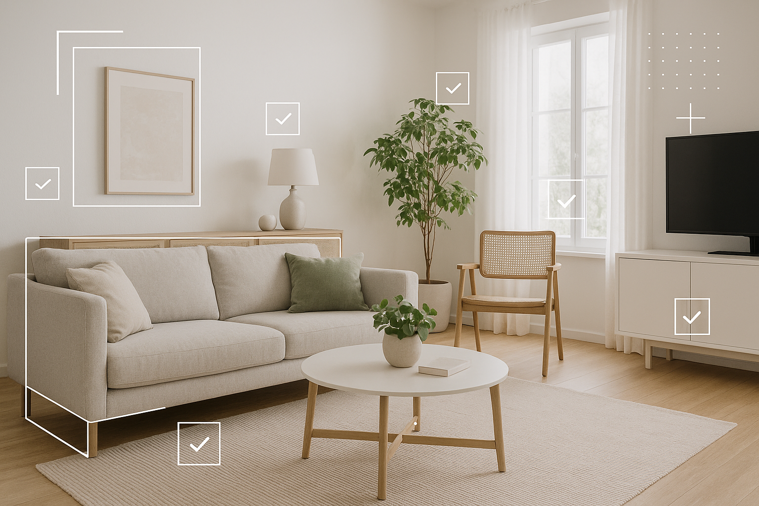 Modern living room with AI inspection overlays